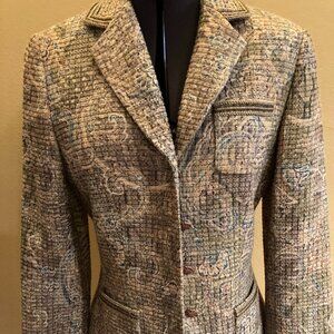 TAHARI Fitted Jacket Gold/Olive/Marine Blue Paisley, gold-tone trim/buttons Sz2